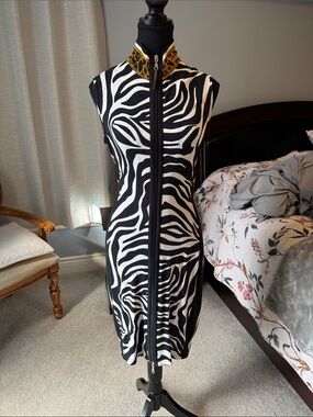 Joseph Ribkoff Black and White Zebra-Print Zip Midi Dress with Gold-Trim Collar